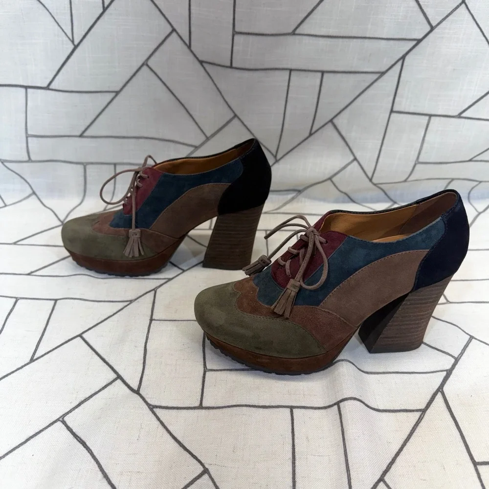 Earthies Skellig Platform Oxfords 7.5B Dark Olive Multi Suede Colorblock Tassel